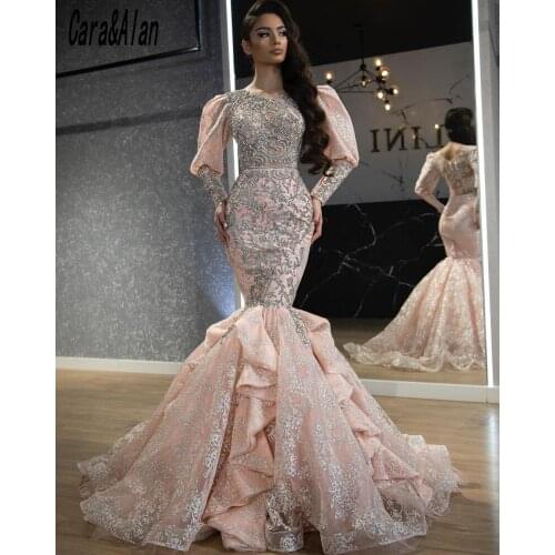 Elegant Pink Mermaid Evening Dresses 2021 Long Sleeve Applique Beading Prom Dress for Women Party robe de soirée de mariage