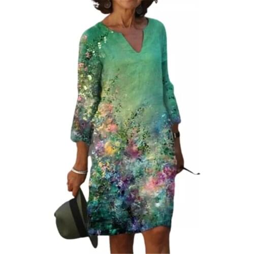 Vintage Floral Print Women Dress Summer 2021 New V-Neck Half Sleeve A-Line Dress Female Casual Cotton Linen Loose Dress Vestidos
