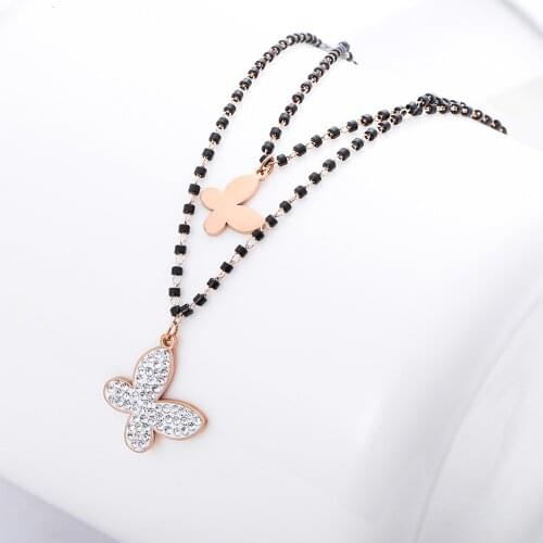 2 Layered Statement Butterfly Necklaces Pendants for Woman Chokers Collar Black Beads Chain Stainless Steel Necklace Jewelry