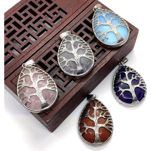Natural Stone Drop-shaped Crystal Pendant Inlaid With Tree Of Life Exquisite Fashion Jewelry DIY Necklace Accessories 26x40Mm