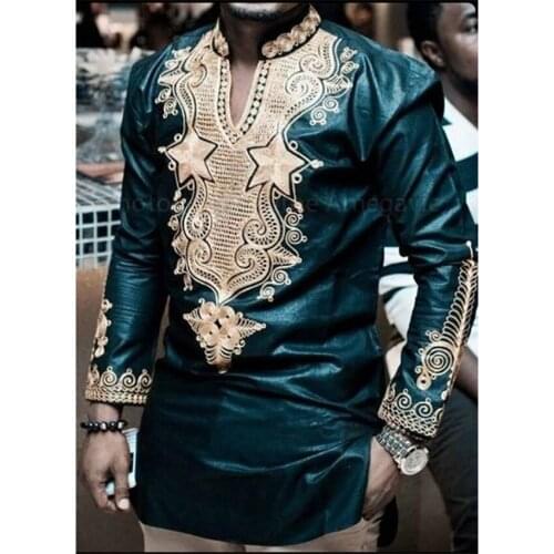 2021 New African Fashion Clothing for Men Dashiki Vintage Print Tops Spring Autumn Long Sleeve Bazan Rich V Neck Shirt 3XL