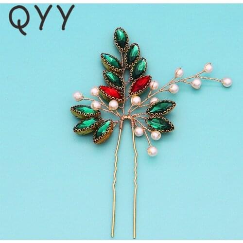 QYY Fashion Newest Wedding Hair Clips Leaves Crystal Wedding Hair Pins Crystal Pearls Handmade Hairpins