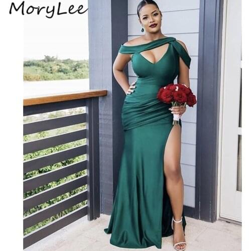 Green Bridesmaid Dresses African Mermaid Sweep Train Side Slit Silk Satin Pleated Wedding Party Bridemaid Dresses With Zipper