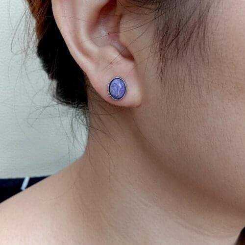 YYGEM natural Purple Charoite Earrings Oval Shape Bezel Set Small Stud Sterling 925 Silver cute style for women