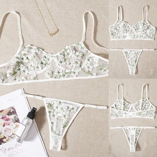 Women Bra New Sexy Lingerie Fashion Flower Embroidery See-Through Underwear G-String Thong Sleepwear Underwear Lingerie Flower