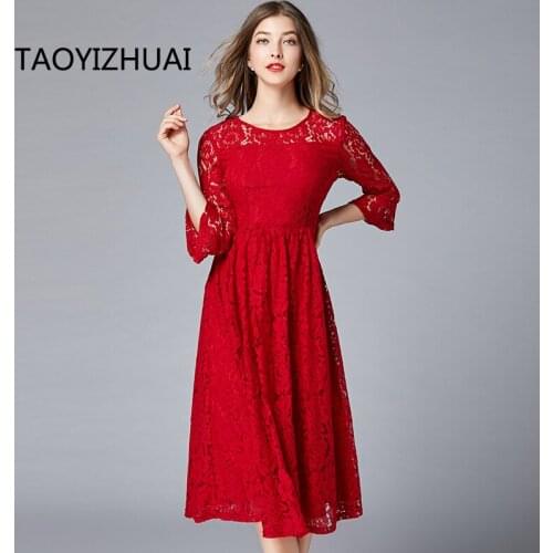 TAOYIZHUAI autumn new arrival vintage style long lace dress red color plus size empire waist fit and flare knee length 16210