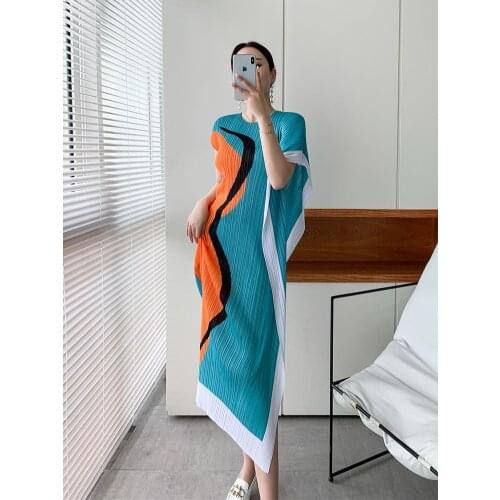 Miyake Pleated Geometric Print dress 2021 Summer Korean style women high fashion dress irregular robe dress