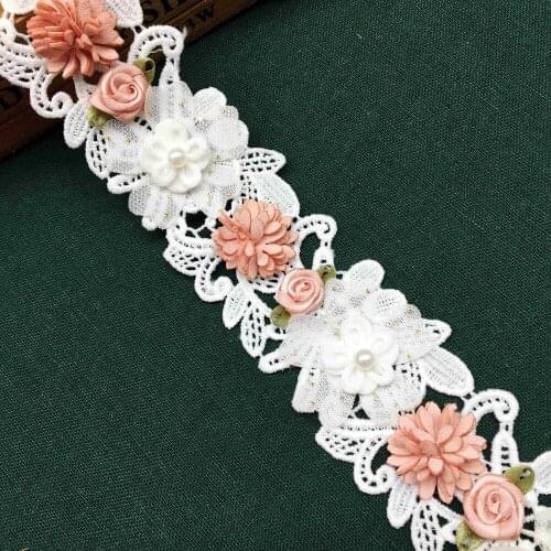1 yd Soluble White and Pink Pearl Rose Flower Embroidered Lace Trim Ribbon Fabric Sewing Craft For Costume Hat Shoes Decoration