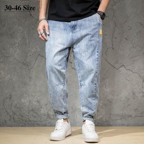46 44 Plus Size Mens Jeans Washed Cotton Harem Pants Spring Summer Thin Hip Hop Streetwear Fashion Light Blue Loose Trousers