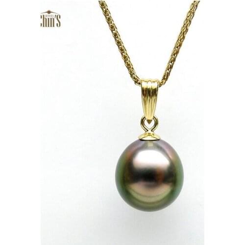 Free Shipping Luminous 9-9.5mm Genuine Tahitian Peacock Green Pearl Pendant 18K Yellow Gold