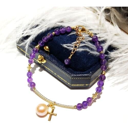 Lii Ji Amethyst Freshwater Pearl Charm 14K Gold Filled Bracelet 17+3cm Natural Purple 4mm Stone Handmade Jewelry For Women Gift