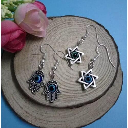Fast Shipping! Vintage Five-pointed star Hamsa Hand Of Fatima Evil Eye Charms Dangle Women Drop Earrings DIY Jewelry-150