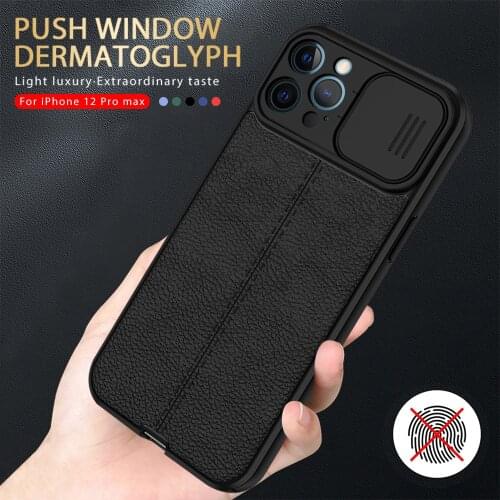 For Iphone 12 11 Pro Max Case Push Camera Protect Lychee Pattern Leather Cover For IPhone12 Mini X XS XR 8 Silicone Bumper Coque