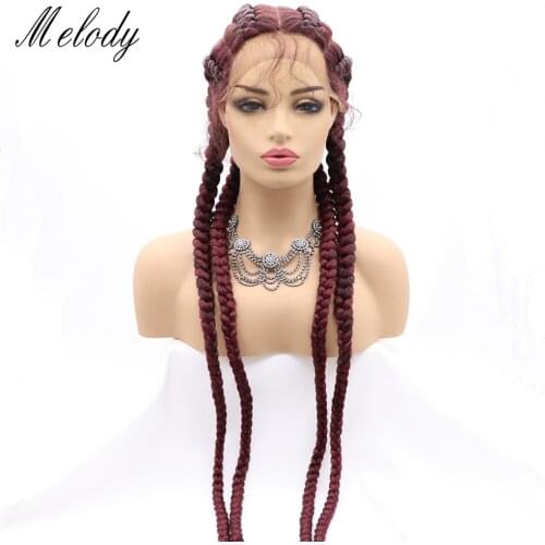 Melody Wigs Long Braided Wig Wine Red Color Hair Highlight Big Braiding Synthetic Lace Front Wig with Four Braids for Women