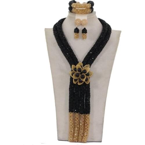 Exclusive Long Black Gold African Wedding Beads Jewelry Set 2017 Indian Bridal Flower Statement Necklace Set Free Shipping WE093