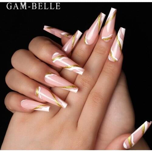 GAM-BELLE Pink Glitter Wave Pattern False Nails Long Coffin Full Cover Fake Press On Nails Tips DIY Manicure Nail Art Tools