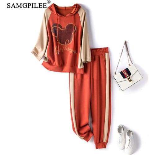Two Piece Sets For Women 2021 Spring New Hooded Half Sleeve Sweater Casual Fashion Space Cotton Cartoon Sports Suit Woman 4XL