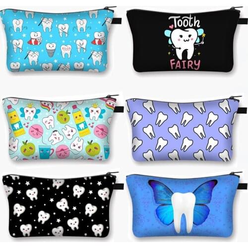 Cartoon Teeth and Tooth Fairy Print Cosmetic Case Women Makeup Organizer Dental Hygienist Girls Storage Bags Ladies Make Up Bag