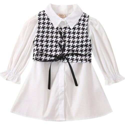 2021 0-6Y Fall Kids Baby Girl Clothes Set Fashion Plaid Print Bandage Vest+White Solid Long Sleeve Shirt Dress 2pcs Outfits