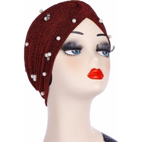 Fashion Women Turban Gold Shiny Cancer Chmeo Hat for Lady Pearl Beading Bright Hat Indian Style Muslim Thin Head Wraps