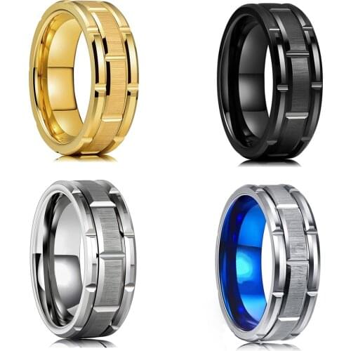 Fashion 8MM Mens Tungsten Carbide Rings Gold/Silvery/Blue/Black Brick Pattern Brushed Double Groove Ring Mens Wedding Band
