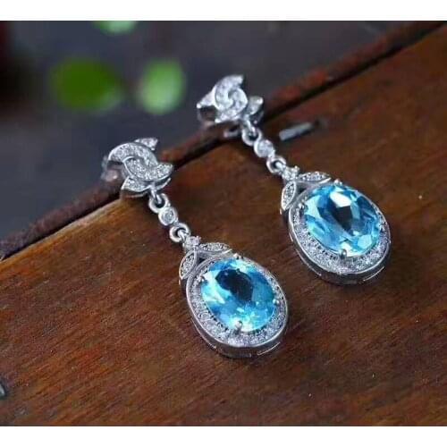 Fashion natural blue topaz drop earrings Natural gem stone earrings bow-knot round 925 silver female wedding earrings jewelry