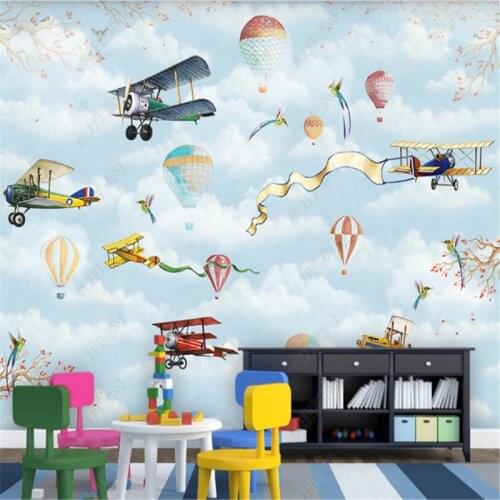 Cartoon Mural Wallpaper for Kids Room Hot Air Balloon Clouds Children Room Background Wall Paper Home Decor Papel De Parede