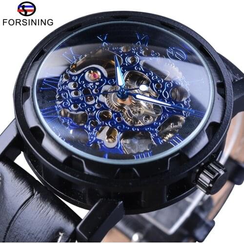 Forsining Blue Dial Display Steampunk Gear Movement Leather Belt Men Watch Top Brand Luxury Mens Skeleton Watch Automatic Clock