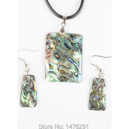 New Natural Abalone Shell Rectangular Blue Thin Beads Pendant Necklac & Earring 1 Set