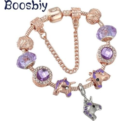 New Arrival Cute Unicorn Pendants Fits Rose Gold Snake Chain Charm Bracelet For Women Fashion Brand Cartoon Jewelry Gift