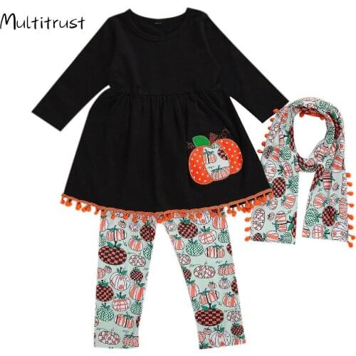 2020 autumn Toddler Kids baby Girls fashion long sleeve set printed Pumpkin Halloween Tunic+ Pants + Scarf Outwear outfits