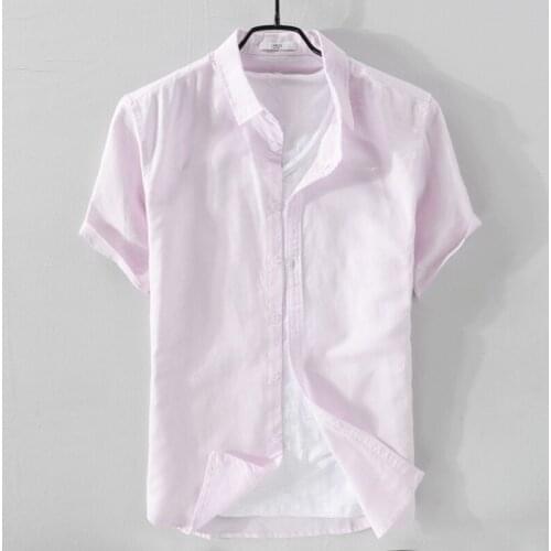 New Italy style short sleeve linen shirt men summer flax mens shirt turn-down collar solid pink shirts male chemise de marque