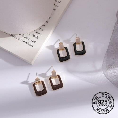 S925 Silver Needle Geometric Stud Earrings For Women Black Retro French Fashion New Hot Simple Design Lady Party Jewelry INEFFA