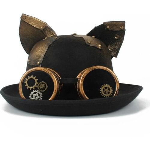 100% Handmade Steampunk Bowler Hat Women Men Gear Glasses Topper Top Hats Fedora Headwear Cosplay Cat Ear Billycock Groom Hat