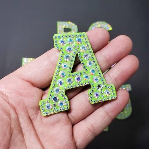 A-Z Green Beaded Rhinestone Letter Patches Iron on Clothing English Letter Applique 3d Sticker Stripes Badge Paste For Clothes