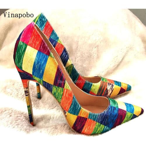 Vinapobo 12/10/8CM High Heel Colorful Rainbow Printed Pointed Toe Stiletto High Heel 2019 Woman Wedding Bride shoes Female Pumps