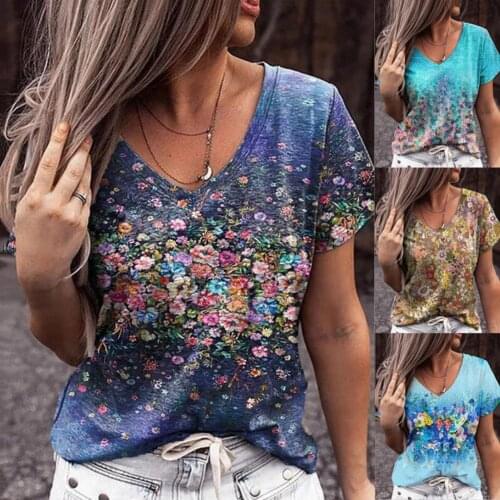 Short Sleeve Women T-shirt Flower Print Soft V Neck Loose Casual T-shirt Top Pullover