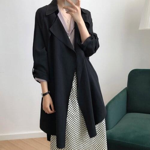 LMQ NEW 2021 Women Casual Solid Spring Thin Windbreaker Mid-Length Korean Loose Waist Outwear Fashion Office Trench Coat