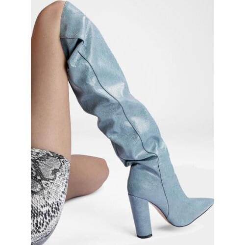 Spring Winter Woman Blue Black Brown Small Snake Skin Knee High Pleated Boots Pointed 11 CM Chunky Heels Slip On Tube Long Boots