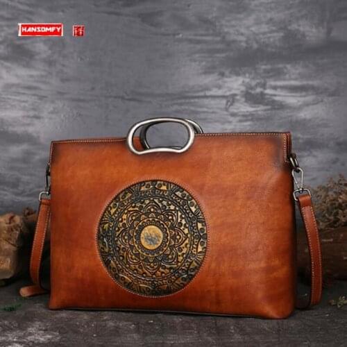 Genuine Leather Color Retro Handmade Women Bags Large Capacity Female Shoulder Bag Embossed Hand-painted Totem Messenger Bag