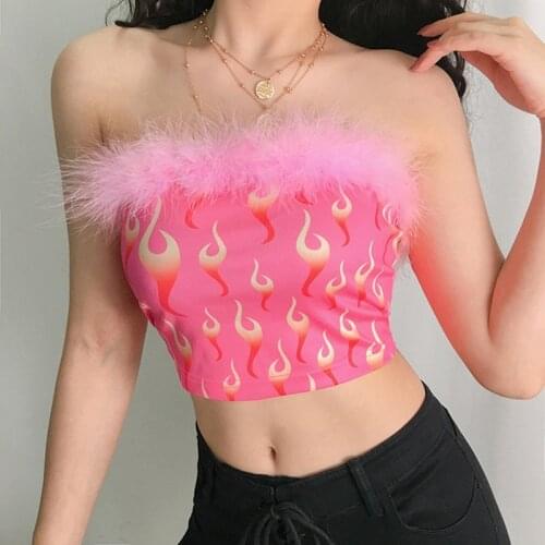 Womens Fashion Plush Flame Print Slim Tube Top Vest Pink