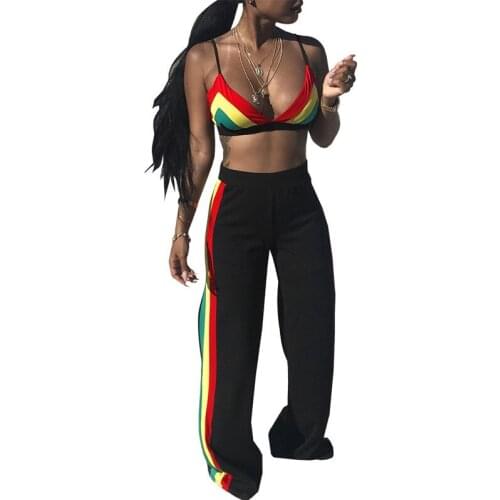 High Stretch Women Tracksuit Set Fashion Side Stripe Casual Sexy Spaghetti Strap Crop Tops + Skinny Long Pants Women 2 Piece Set
