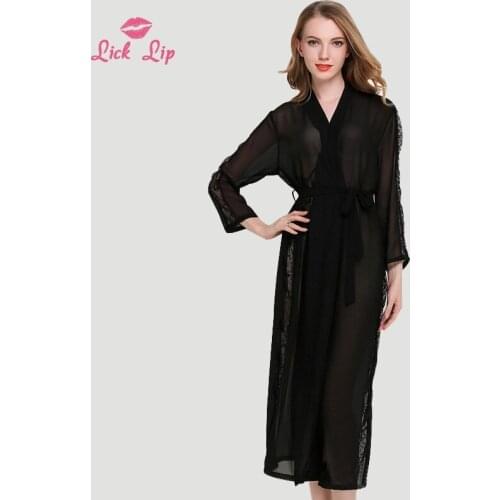 Lick Lip Sexy Chiffon Transparent Women Night Dress Side Lace Patchwork Gown Elegant Silk Robe Mid-rise Home Service SWC4762-47