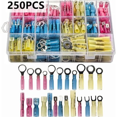 250Pcs Ring Crimp Terminals Insulated Seal Electrical Wire Connector Spade Heat Shrink Connectors U-type Ring Lugs Kit