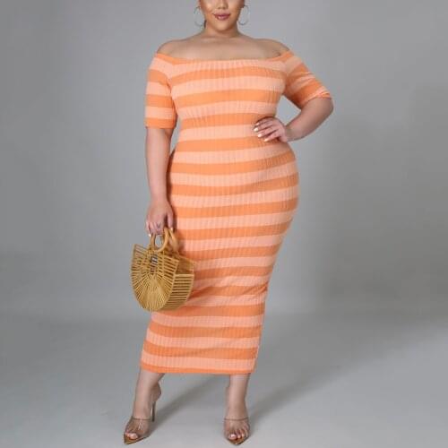 4XL 5XL Plus Size Dresses For Women Striped Print Off the Shoulder Short Sleeve Bodyco Mid Calf Back Split Elegant Long Vestidos