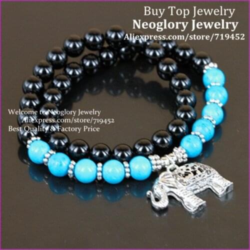 5PCS Turquose With Black Onyx Stone Bead Bracelet,Double Wrap Bracelet Silver Elephant Bracelet Meditation Spiritual Bracelet