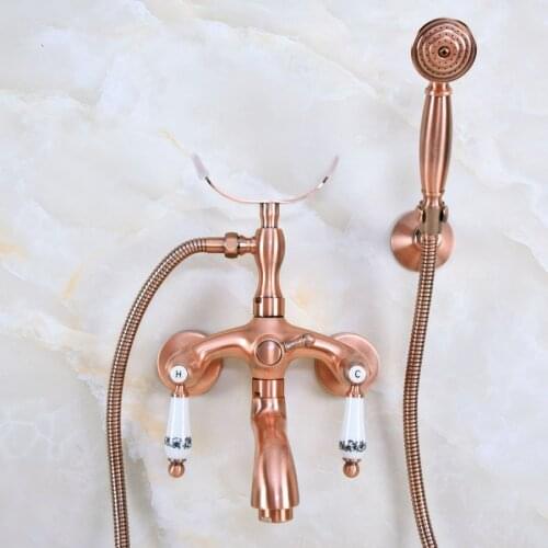 Antique Red Copper Wall Mounted Bathroom Tub Faucet Dual Ceramics Handles Telephone Style Hand Shower Clawfoot Tub Filler ana365