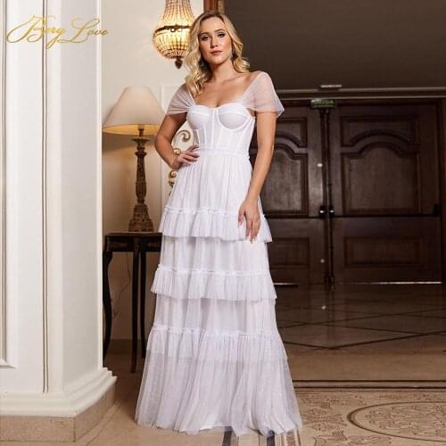 Berylove White Sparkle Tiered Tulle Party Gown Off Shoulder Long Prom Dress Elegant Ruffle Sweetheart Evening dresses