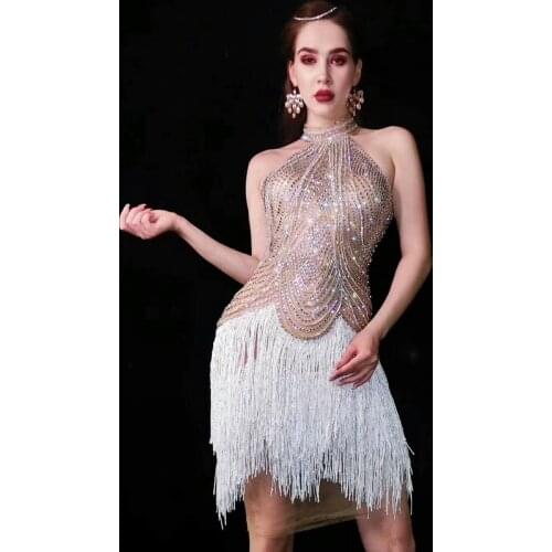 Shining Rhinestones Tassel Dress Women Birthday Celebrate White Fringes Outfit Dancer Costume Sleeveless Bar Prom Party Dresses
