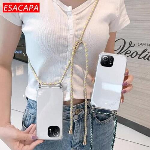 Lanyard Neck Strap Cord Rope Phone Case For Xiaomi 11 Ultra 10T Pro Transparent Soft TPU Airbag Shockproof Case For Xiaomi Mi 9